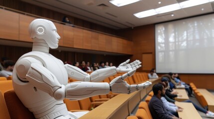   A robot stands before a classroom, its back to a projector screen People raise their hands in...