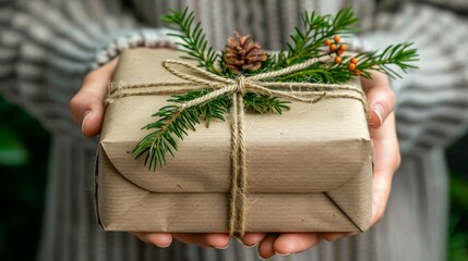   A person holds a gift wrapped in brown paper, secured with twine, and adorned with a pine cone - Powered by Adobe