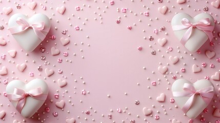   A pink heart-shaped box, adorned with a bow, against a pink backdrop, surrounded by tiny pink and white hearts