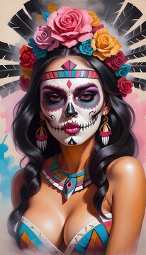 Mexican Girl Catrina Makeup Mexico Chicano Airbrush Princess Aztec Penacho Quetzalcoatl Illustration