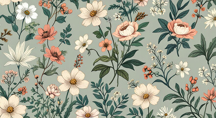 A Seamless pattern background of a collection of vintage botanical illustrations with flowers and plants in muted colors, wallpaper style, repeated patterns, 