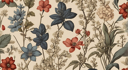 A Seamless pattern background of a collection of vintage botanical illustrations with flowers and plants in muted colors, wallpaper style, repeated patterns, 