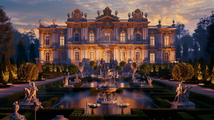 A grandiose Baroque mansion under the soft light of dawn, with ornate sculptures and gold leaf...