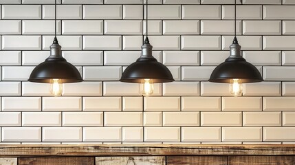   Three lights suspended from the ceiling face a white brick wall A wooden bench is positioned in front - Powered by Adobe