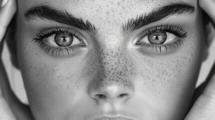   A black-and-white image of a woman's face with freckled eyelashes