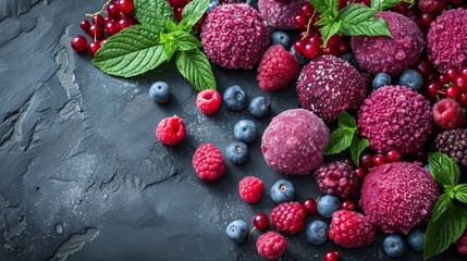   Raspberries, blueberries, and multiple raspberries on a black surface