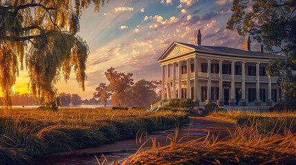 A grand plantation house at sunset, its expansive front porch and Greek Revival columns standing proud amidst a backdrop of weeping willows 