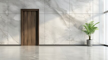   A vacant chamber features a door and a potted plant before a marbled wall concealing a wooden one