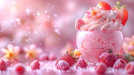 Dreamy composition features pink yogurt ice cream adorned with fresh cream, ripe strawberries, and berries, set in a magical pink and fluffy frame that evokes a whimsical fantasy for children