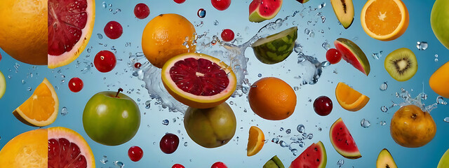Different chopped tropical fruit flying like in advertisement isolated on a plain background, fresh and organic fruits, water droplets, colorful, 
