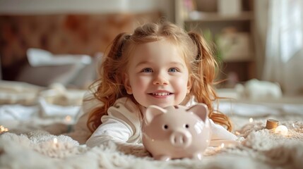   A little girl sits on the floor with a piggy bank before her and a lit candle nearby