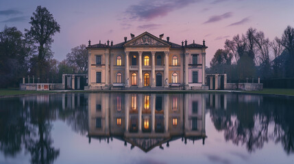 A grand Palladian villa in the soft evening light, its classical proportions and symmetrical design...