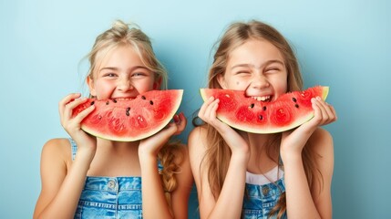   Two young girls, each holding a slice of watermelon before them One girl takes a bite from her watermelon