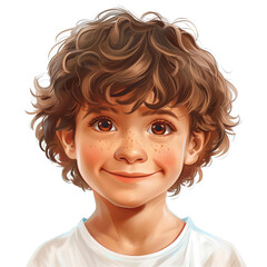 Rysunek przedstawia młodego chłopca o kręconych włosach. Chłopiec ma uśmiechniętą minę i wydaje się być pełen radości