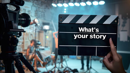 "What's your story" written on film slate or clapperboard . Film crew working in the studio