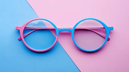   A pair of pink glasses and a pair of blue glasses sit on a multi-colored table, both colors represented - blue and pink