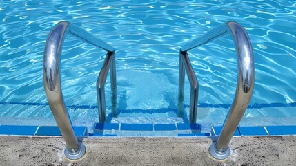   A tight shot of a crystal-clear blue swimming pool featuring a nearby metal handrail