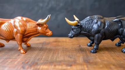   Two bull figurines face each other on a wooden table against a black background