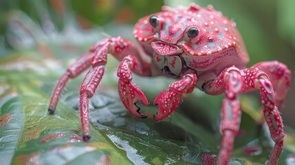   A tight shot of a red and white crab perched on a wet leaf, dotted with water droplets clinging to its body