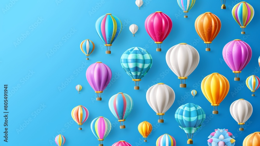 Wall mural   Colorful hot air balloons flying against a blue sky backdrop One balloon ascends