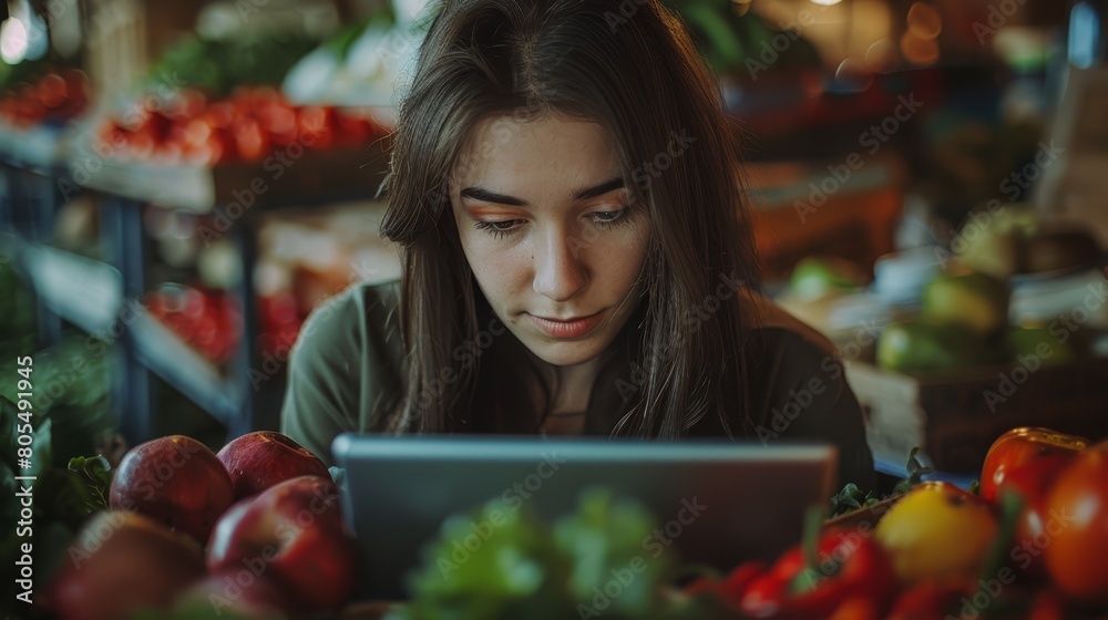 Wall mural   Woman gazes at tablet in front of fruit-vegetable display, grocery store - Wall murals