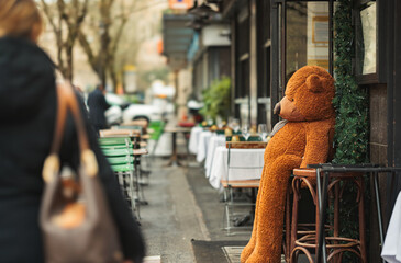 A giant teddy bear sits comfortably on the side of a bustling street, its fluffy arms outstretched...