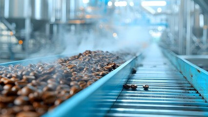 Conveyor belt transporting fresh coffee beans in a steam-powered processing plant. Concept Coffee Production, Steam Technology, Factory Operations, Bean Processing, Industrial Machinery