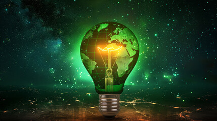 A glowing light bulb with a green, luminescent world map, set against a backdrop of a starry night sky, emphasizing the global need for energy conservation 