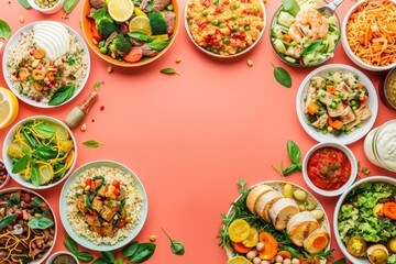 A Creative Banner of gourmet cuisine features a spread of international dishes, and element of main concept with solid color background and with large copy space for text