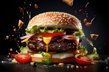 juicy double cheeseburger with fresh herbs and tomatoes, in the air, with ingredients scattered around on a dark background