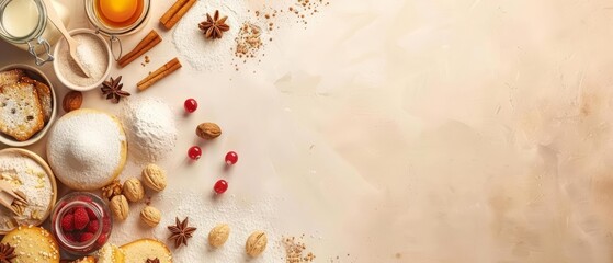 A creative flat lay template of baking ingredients and pastries invites viewers to explore culinary arts, with solid background and copy space on center