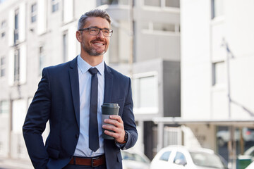Happy, businessman and coffee in city for morning, travel and career in New York. Lawyer, corporate male person and hot beverage on sidewalk for journey, smile and walking to work in Manhattan