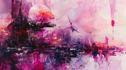 A cyber watercolor painting of a traditional scene disrupted by eery futuristic elements that be different from the norm