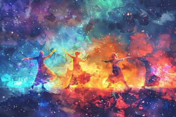 Fototapeta premium A cyber watercolor painting of an unco dance troupe performing in neonlit costumes under a bizarre