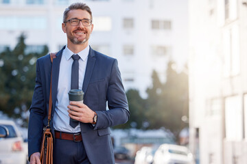 Smile, businessman and coffee in city for morning, transportation and career in New York. Lawyer,...