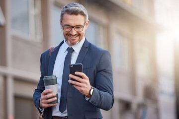 City, coffee and phone with corporate man outdoor for morning commute to work in professional suit. App, social media and mature business person reading text message in urban town for communication