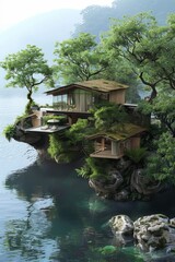 Naklejka premium Eco - Architecture Haven Amidst Serene Waters.