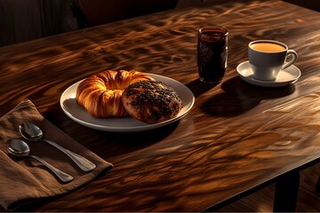 a plate of food and a cup of coffee on a table with spoons and a napkin on it.. - obrazy, fototapety, plakaty