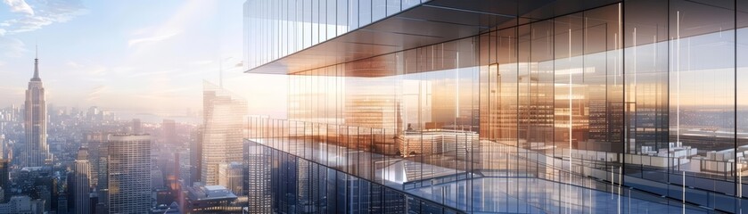 Obraz premium An office building skyscraper is envisioned with glass facades reflecting the dynamic urban skyline, Interior 3d render Sharpen highdetail realistic concept