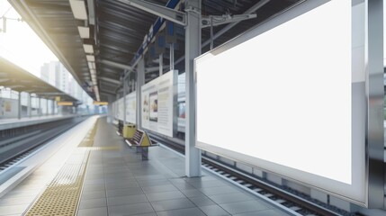 Fototapeta premium At the forefront of a train station, the creative white blank mockup catches the eye of countless passengers daily, white blank poster billboard Sharpen with large copy space