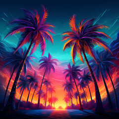 Abstract colorful palm trees at night