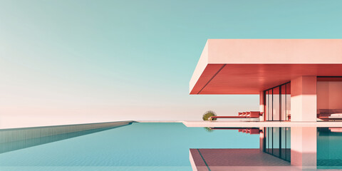 Modern Minimalist Architecture, Serene Poolside View Under a Clear Dawn Sky