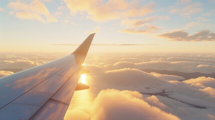Obraz premium an airplane wing in flight over the clouds looking at the sunrise from a passenger perspective