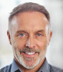 Mature, businessman and happy portrait of ceo in office with pride and confidence in profile picture. Professional, headshot and face of trading entrepreneur in workplace with smile of investor