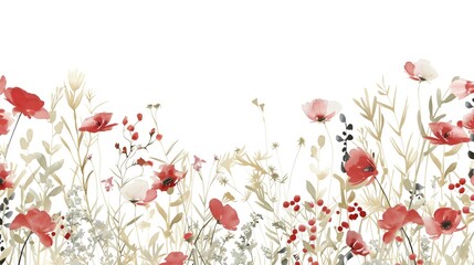 watercolor delicate wildflowers floral boarder, red and white, white background