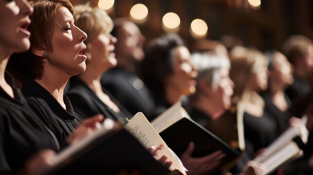 a group of people that are standing in a row with books in their hands and singing into microphones..