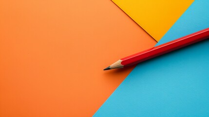 a red pencil resting on a multicolored background with a diagonal triangle design - obrazy, fototapety, plakaty