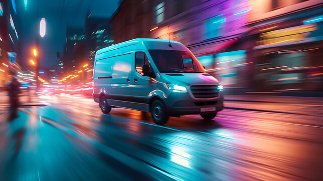 a van driving down a city street at night time