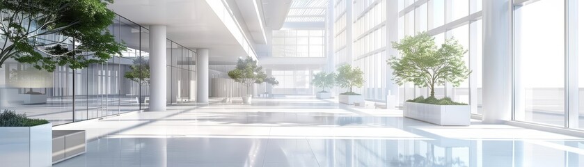 Modern business office building is depicted with sleek, contemporary white architecture, emphasizing clarity and light, Interior 3d render Sharpen highdetail realistic concept
