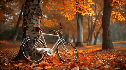 Fototapeta premium bicycle leaning against a tree with fallen leaves